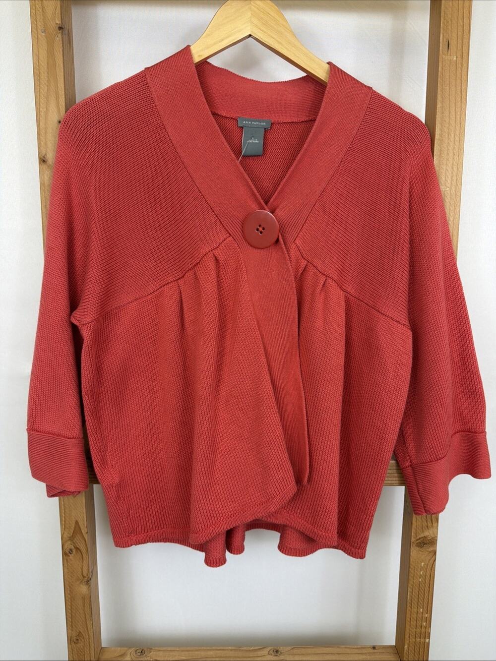 Ann Taylor Coral Red Snap Closure Crop Babydoll Sweater Cardigan #1571 Size LG
